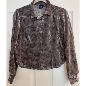 Gap Womens Small Brown Velvet Burnout Crop Button Up Floral WhimsiGoth Fairy EUC